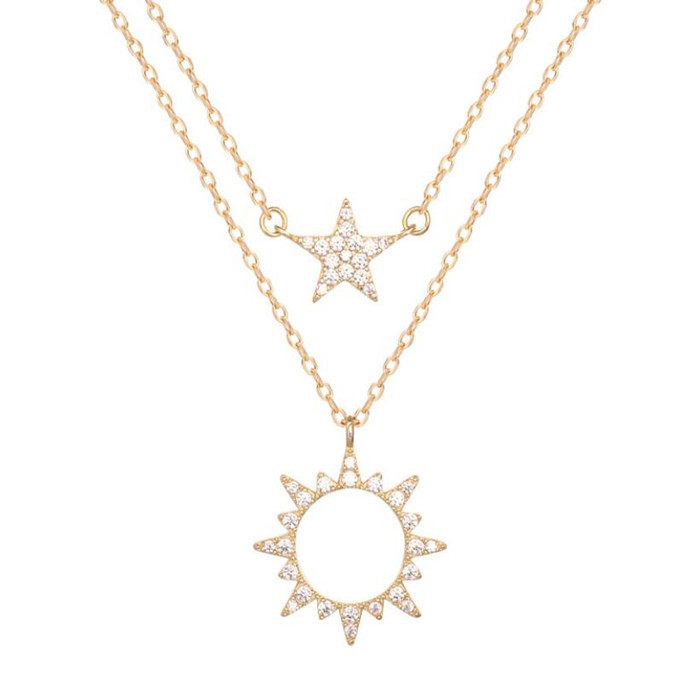Double layered sun and star pendant necklace with diamonds in 925 sterling silver 